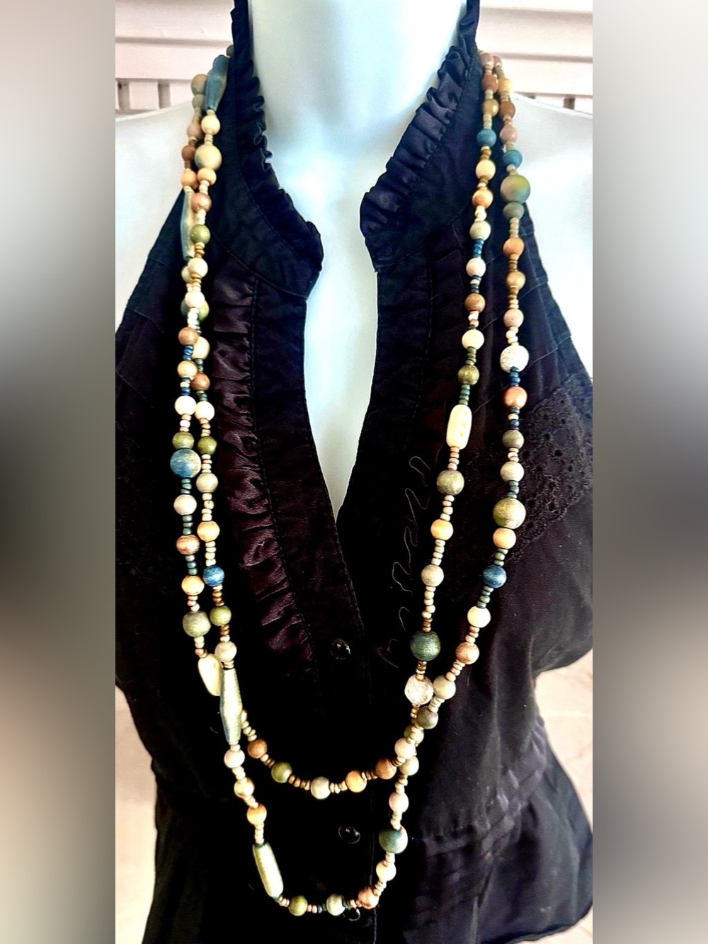 2 STRAND NEUTRAL MULTI COLOR WOOD LAVA ROCK METALLIC BEAD BOHO NECKLACE